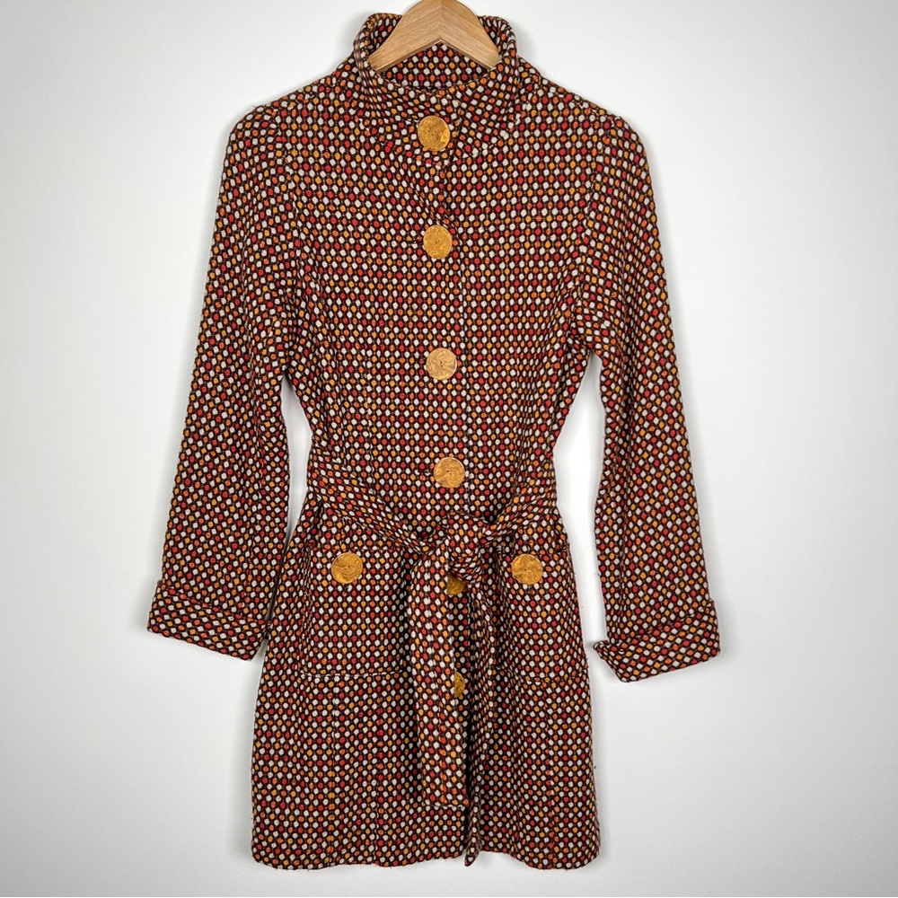 Free People Belted Big Button Front Coat Polka Dot Wool Blend Size 8 Brown